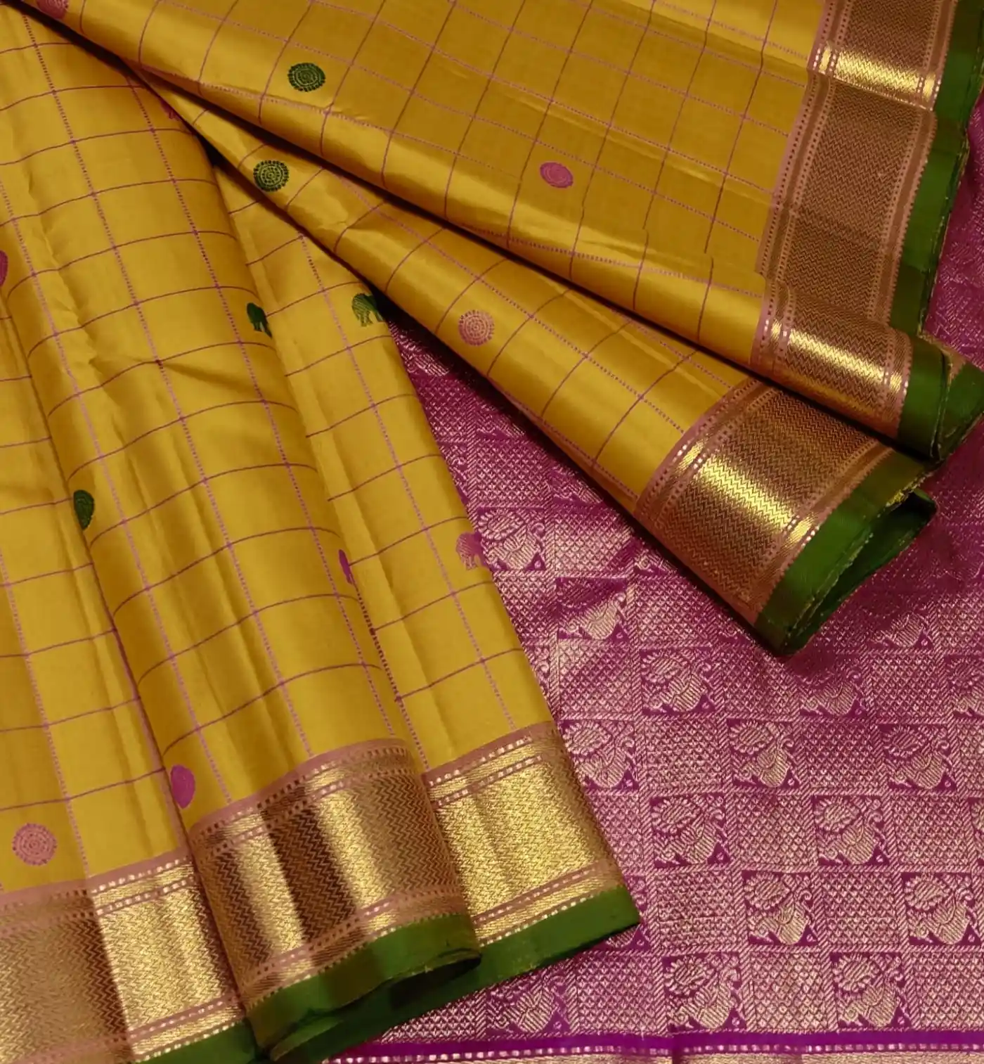 Mustard Yellow Checks Kanjivaram Silk Saree with Fuchsia Pink Border